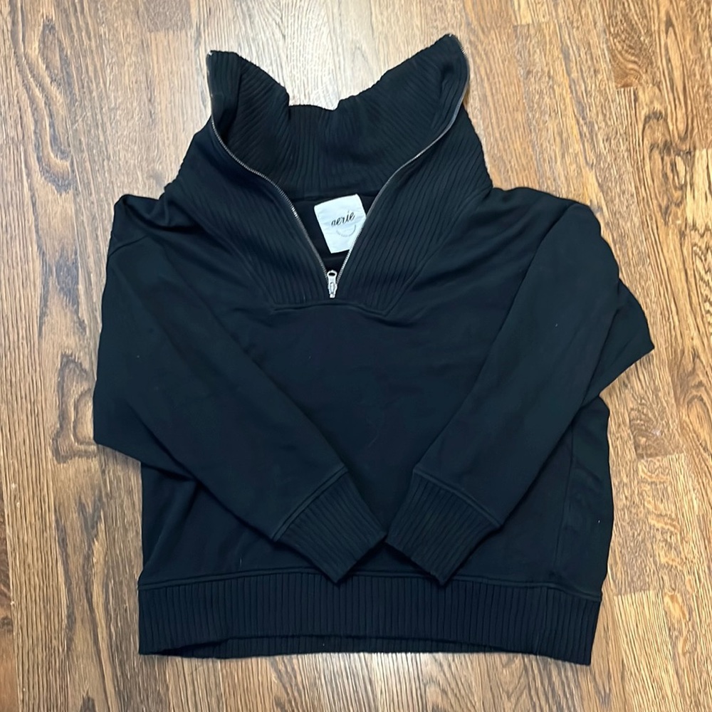 Aerie Womens M DOWN TO EARTH QUARTER ZIP SWEATSHIRT NWT BLACK